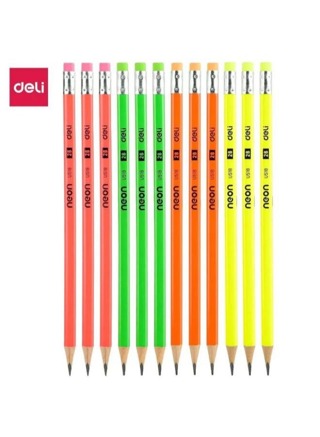 Deli 2B Neon Graphite Pencils with Eraser – 12 pcs