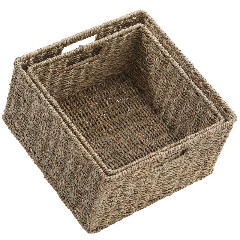 HOONEX Wicker Storage Baskets for Organizing Decorative Woven Seagrass Baskets for Storage with Carrying Handles Set of 2 Natural