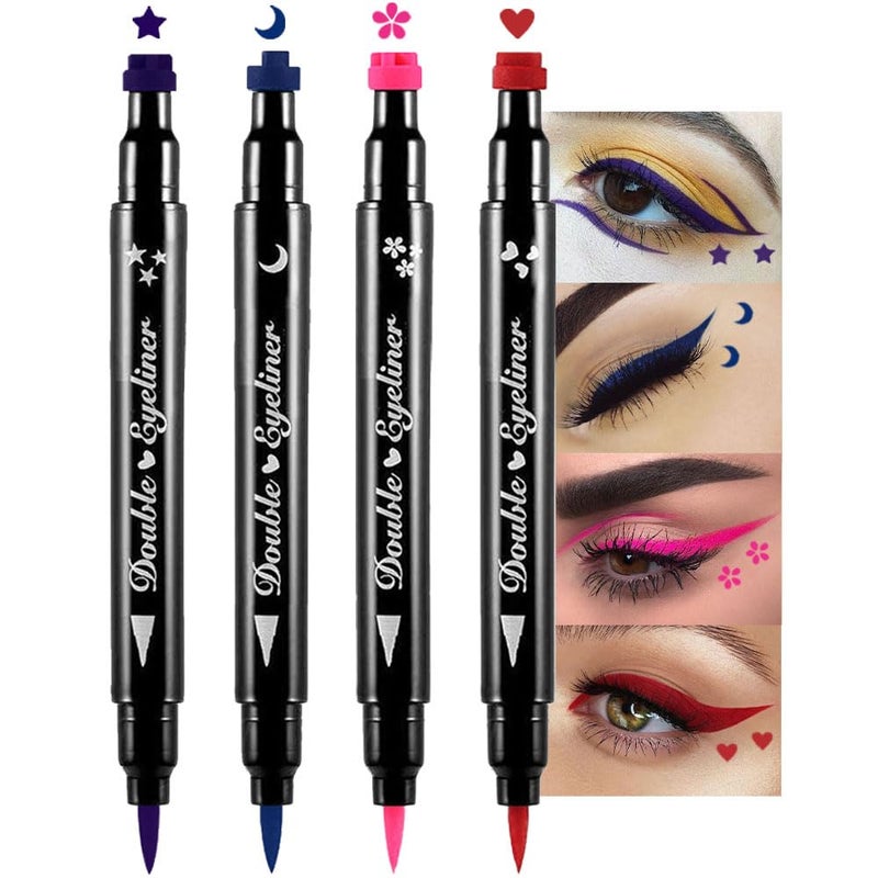 evpct Colored Winged Eyeliners Stamp 4 in 1 Stars Flowers Hearts Moon Face Makeup Stamp Set Eye Liners for Women Waterproof Purple Blue Red Pink Liquid Eyeliner Colorful Set Wingliner Shapes - Image 1