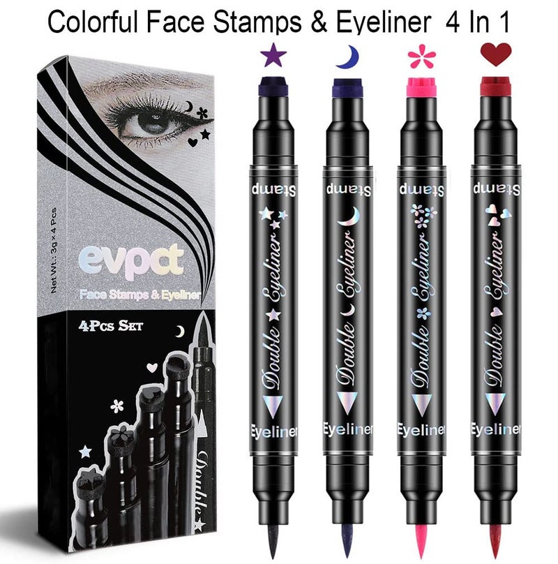 evpct Colored Winged Eyeliners Stamp 4 in 1 Stars Flowers Hearts Moon Face Makeup Stamp Set Eye Liners for Women Waterproof Purple Blue Red Pink Liquid Eyeliner Colorful Set Wingliner Shapes - Image 2