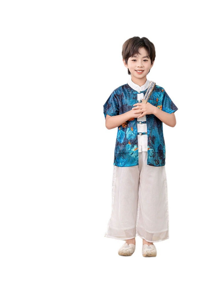 LiangSanZhi Chinese Boys Hanfu Set - 2-Piece Summer Traditional Outfit with Wide-Leg Pants, Breathable Performance Costume for Kids Cultural Events & Stage Shows  - Image 2