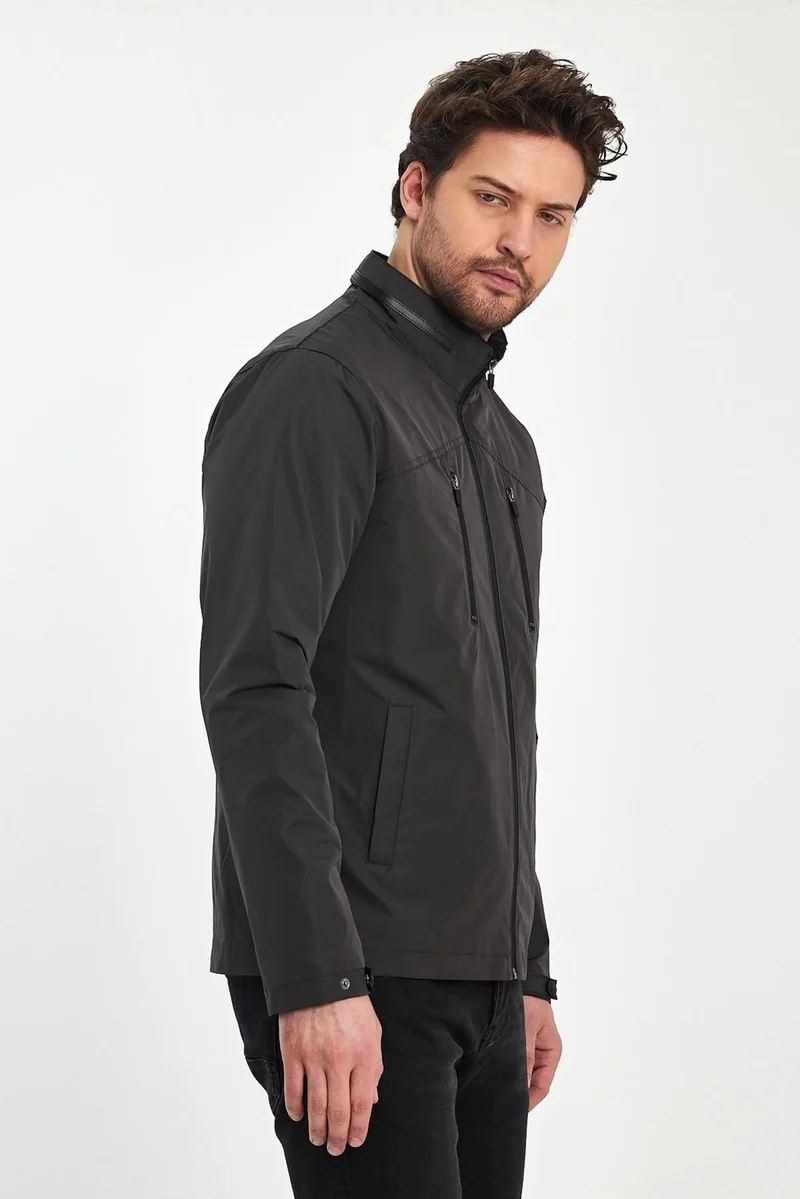 سيفيست Men's Grey Stand Collar Multi-Pocket Water and Wind Repellent Seasonal Coat & Jacket
