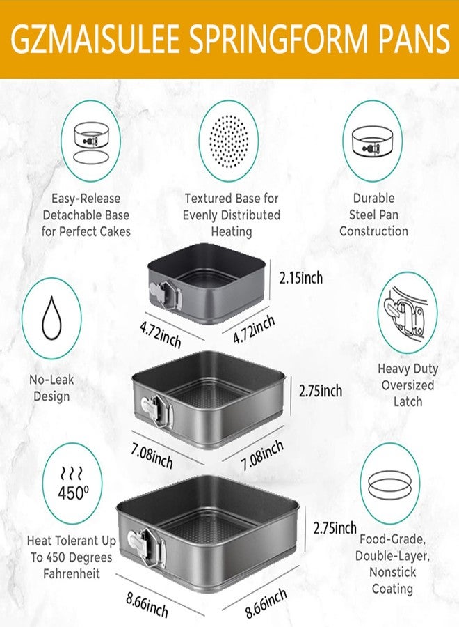 GZMAISULEE Springform Cake Pan Set of 3 (4, 7, 9 Inch) Square Leakproof Nonstick Cheesecake Pans with Removable Bottom Carbon Steel Bakeware - Image 2