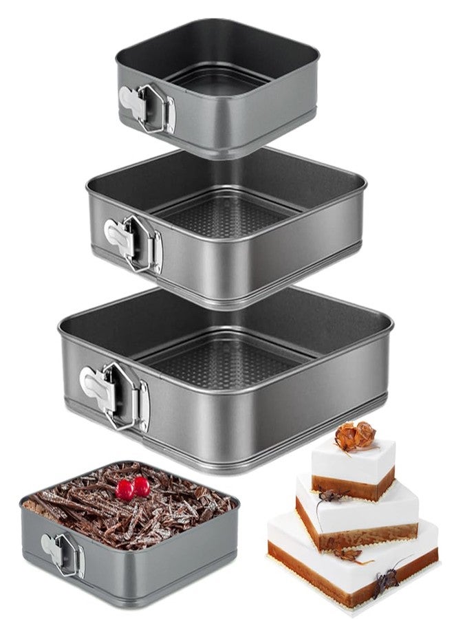 GZMAISULEE Springform Cake Pan Set of 3 (4, 7, 9 Inch) Square Leakproof Nonstick Cheesecake Pans with Removable Bottom Carbon Steel Bakeware - Image 1