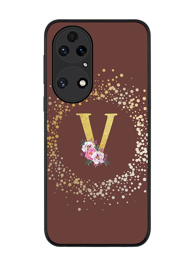 Stylizedd Rugged Black edge case for Huawei P50 Slim fit Soft Case Flexible Rubber Edges TPU Gel Thin Cover - Custom Monogram Initial Letter Floral Pattern Alphabet - V (Brown) - Image 1