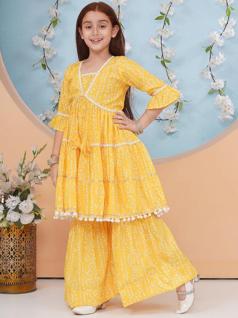 Preneum Girl's Cotton Rayon Bandhani & Lahariya Printed Angrakha Kurta with Sharara & Dupatta, Yellow, 13 Years-14 Years - Image 5