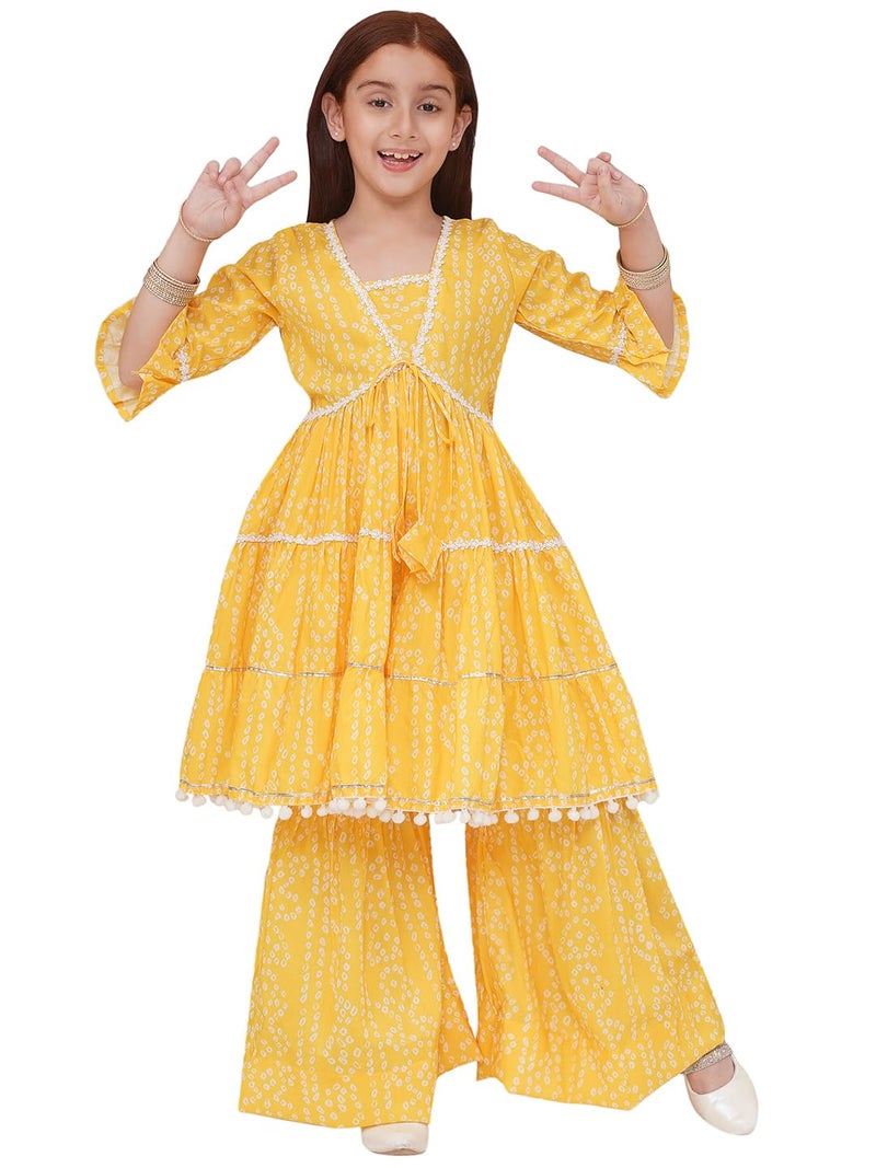 Preneum Girl's Cotton Rayon Bandhani & Lahariya Printed Angrakha Kurta with Sharara & Dupatta, Yellow, 13 Years-14 Years - Image 1