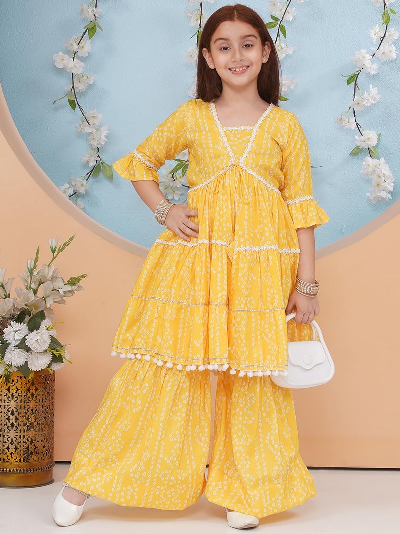 Preneum Girl's Cotton Rayon Bandhani & Lahariya Printed Angrakha Kurta with Sharara & Dupatta, Yellow, 13 Years-14 Years - Image 2