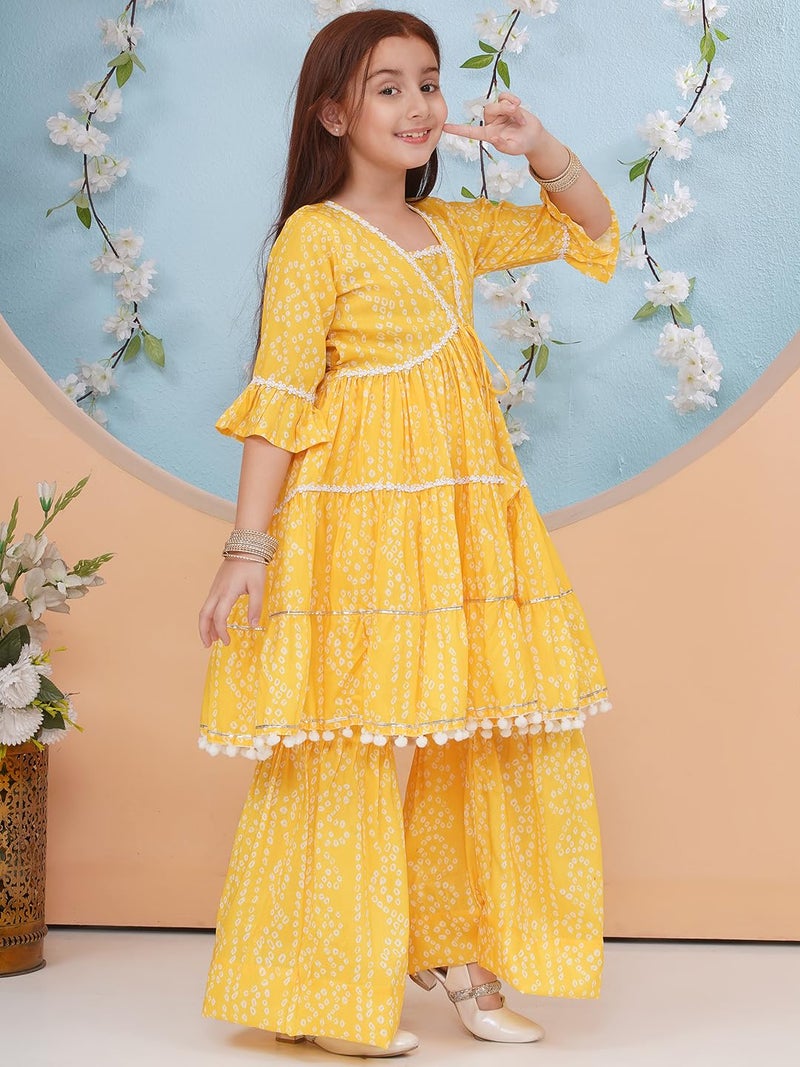 Preneum Girl's Cotton Rayon Bandhani & Lahariya Printed Angrakha Kurta with Sharara & Dupatta, Yellow, 13 Years-14 Years - Image 4