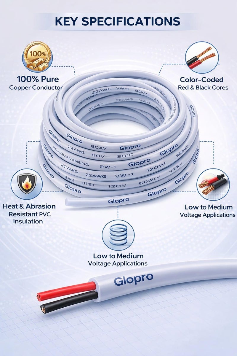 Glopro Store GloproStore PVC copper wire 2 core 1mm White electrical extension wire (25 feet, white) - Image 4