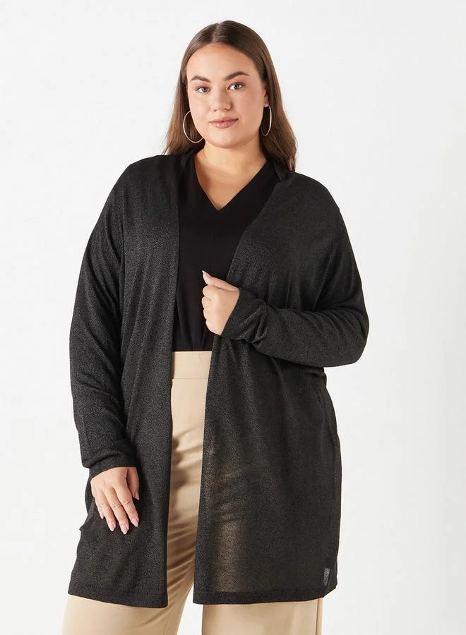 Ulla Popken Plus Size Ulla Popken Textured Open Front Shrug with Long Sleeves and Pockets