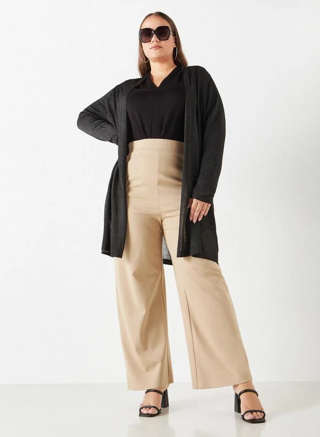 Ulla Popken Plus Size Ulla Popken Textured Open Front Shrug with Long Sleeves and Pockets