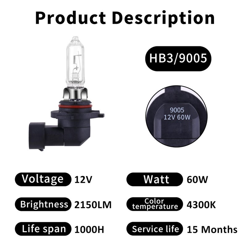 NEWBROWN 9005 Headlight Bulbs 200% brightness 4300K White 12V/60W HB3 9005 Bulb Halogen Long Life Replacement P20D (9005/HB3, 2 Pack) - Image 3