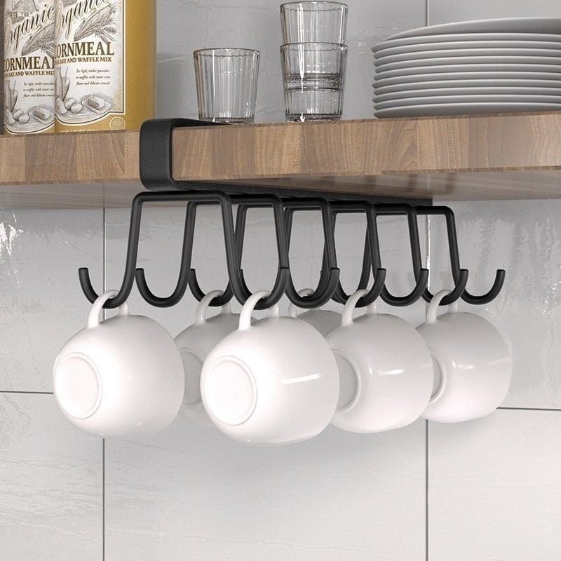 Double Row No-Drill Hooks Cup Holder Storage Black - Image 1