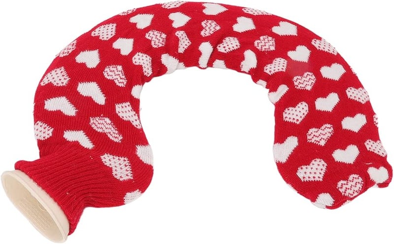 Fydun 1L Hot Water Bottle Ultra Soft Neck Warm Cervical Rubber Bag Detachable Jacquard Cloth Cover Red Background White Heart - Image 2