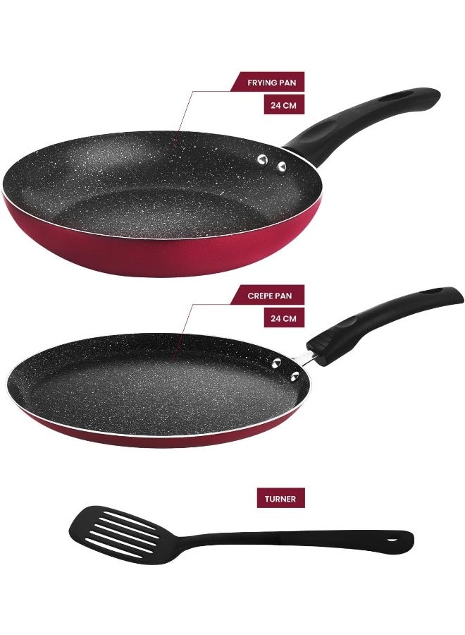 RAJ طقم أدوات طهي مقلاة غير لاصقة 24 سم ومقلاة كريب 24 سم مع ملعقة - Image 2