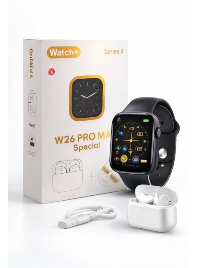 دابليو26 ساعة ذكية W26 Pro Max Special – تصميم Series 8، مكالمات بلوتوث، مراقبة نبض القلب، أوضاع رياضية، مع سماعات لاسلكية هدية - Image 1