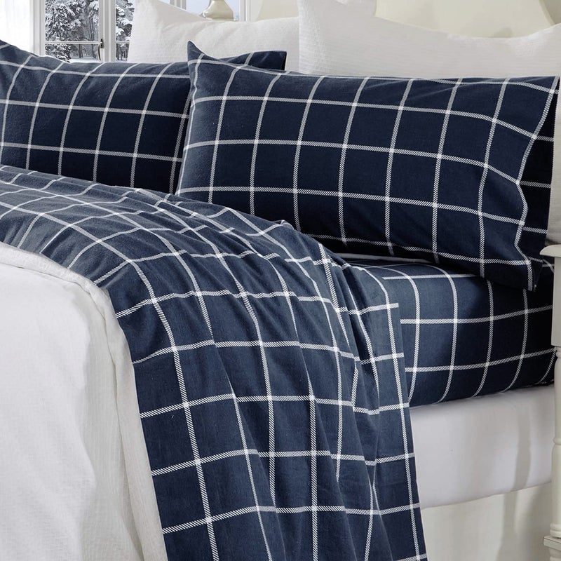 Sleepdown 100% Cotton Flannel Sheets Queen Size - Super Soft  Heavyweight  Double Brushed  Anti-Pill Flannel Queen Sheets - 16"" Deep Pocket Queen Fitted Sheet X2 Side Pockets (Queen  Navy Checks) - Image 2