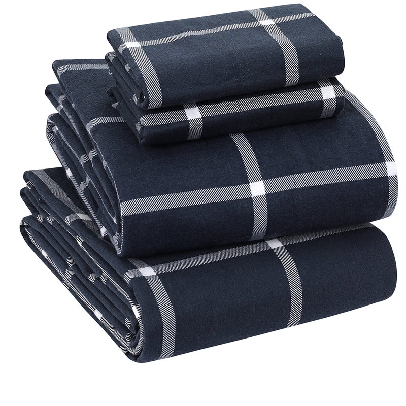 Sleepdown 100% Cotton Flannel Sheets Queen Size - Super Soft  Heavyweight  Double Brushed  Anti-Pill Flannel Queen Sheets - 16"" Deep Pocket Queen Fitted Sheet X2 Side Pockets (Queen  Navy Checks) - Image 1