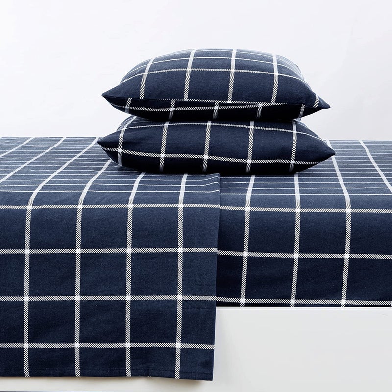 Sleepdown 100% Cotton Flannel Sheets Queen Size - Super Soft  Heavyweight  Double Brushed  Anti-Pill Flannel Queen Sheets - 16"" Deep Pocket Queen Fitted Sheet X2 Side Pockets (Queen  Navy Checks) - Image 4