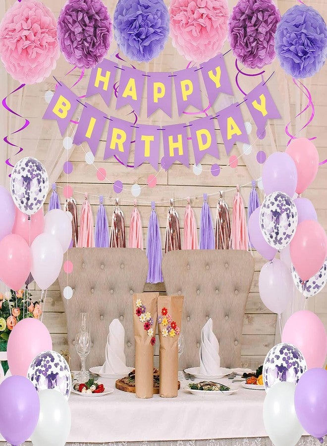 pugkloy Purple Pink Birthday Party Decorations for Women Girls with Happy Birthday Banner,Hanging Swirls,Tissue Paper Pompoms,Circle Dots Garland,Tassel Garland Purple Balloons - Image 5