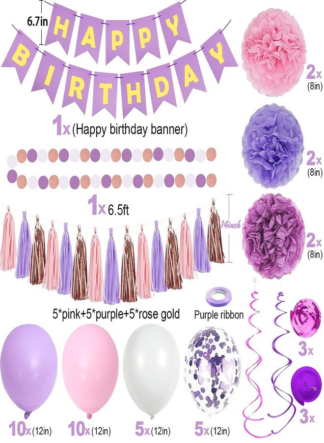pugkloy Purple Pink Birthday Party Decorations for Women Girls with Happy Birthday Banner,Hanging Swirls,Tissue Paper Pompoms,Circle Dots Garland,Tassel Garland Purple Balloons - Image 2
