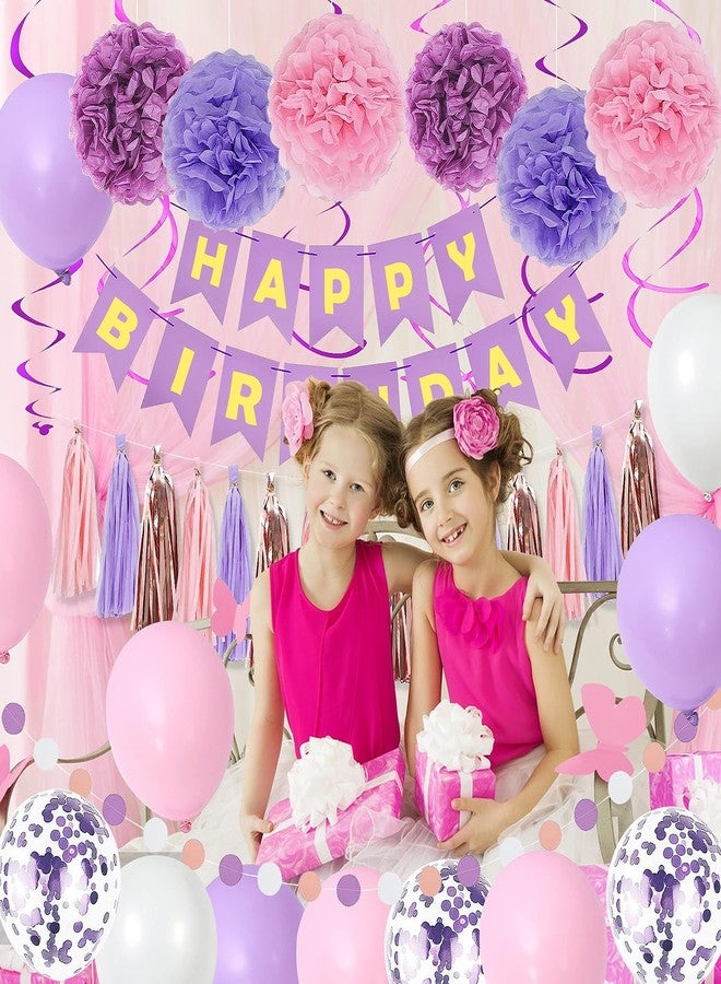 pugkloy Purple Pink Birthday Party Decorations for Women Girls with Happy Birthday Banner,Hanging Swirls,Tissue Paper Pompoms,Circle Dots Garland,Tassel Garland Purple Balloons - Image 4
