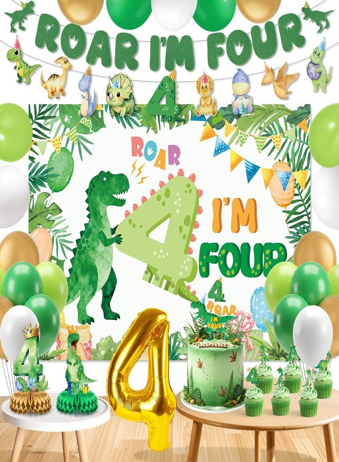 LUUFILx Dinosaur 4th Birthday Party Decorations Roar Im 4 Dinosaur Party Decor for Boys 4th Birthday Party Backdrop Banner Green Foil Number 4 Dinosaur Balloons Four Year Old Bday Party Supplies - Image 1