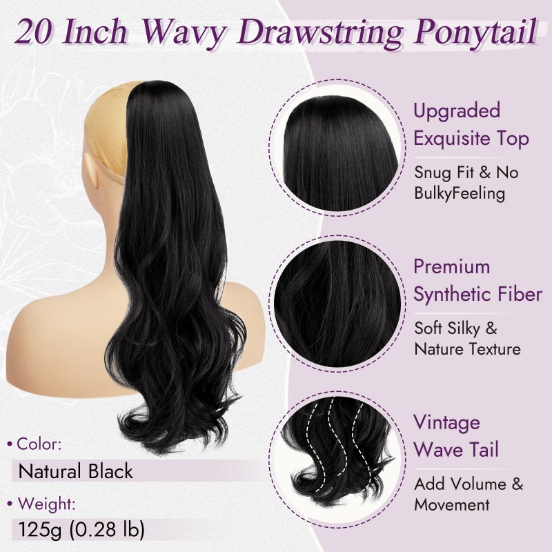 BARSDAR Black Wavy Drawstring Ponytail Extensions â€“ 20 Inch Drawstring Comb Clip in Ponytail Hair Extensions for Women, Synthetic Natural Looking Curly Wavy Black Pony Tails Hairpieces - Image 2