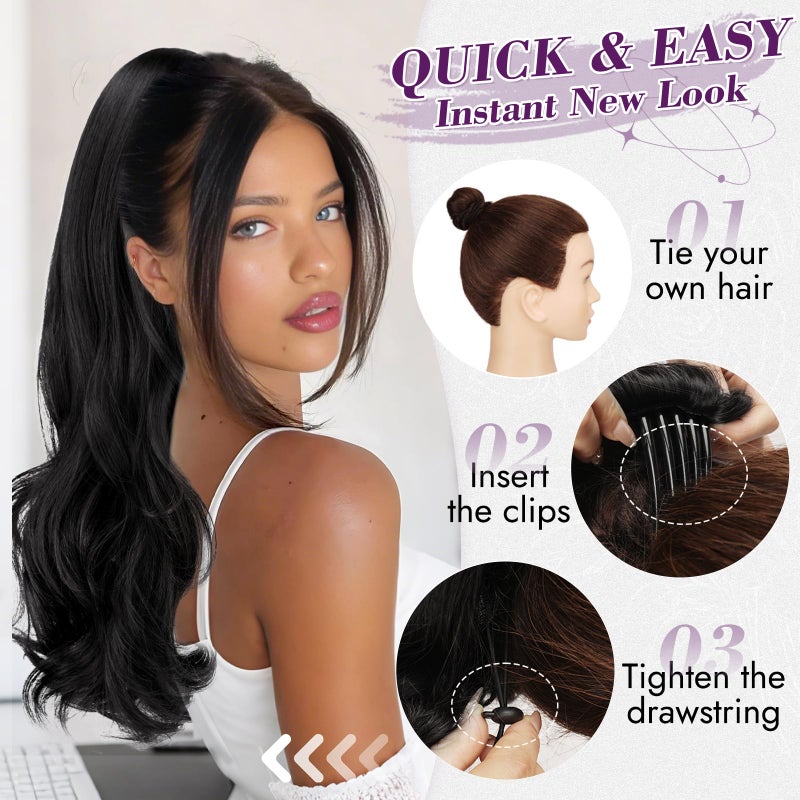BARSDAR Black Wavy Drawstring Ponytail Extensions â€“ 20 Inch Drawstring Comb Clip in Ponytail Hair Extensions for Women, Synthetic Natural Looking Curly Wavy Black Pony Tails Hairpieces - Image 5