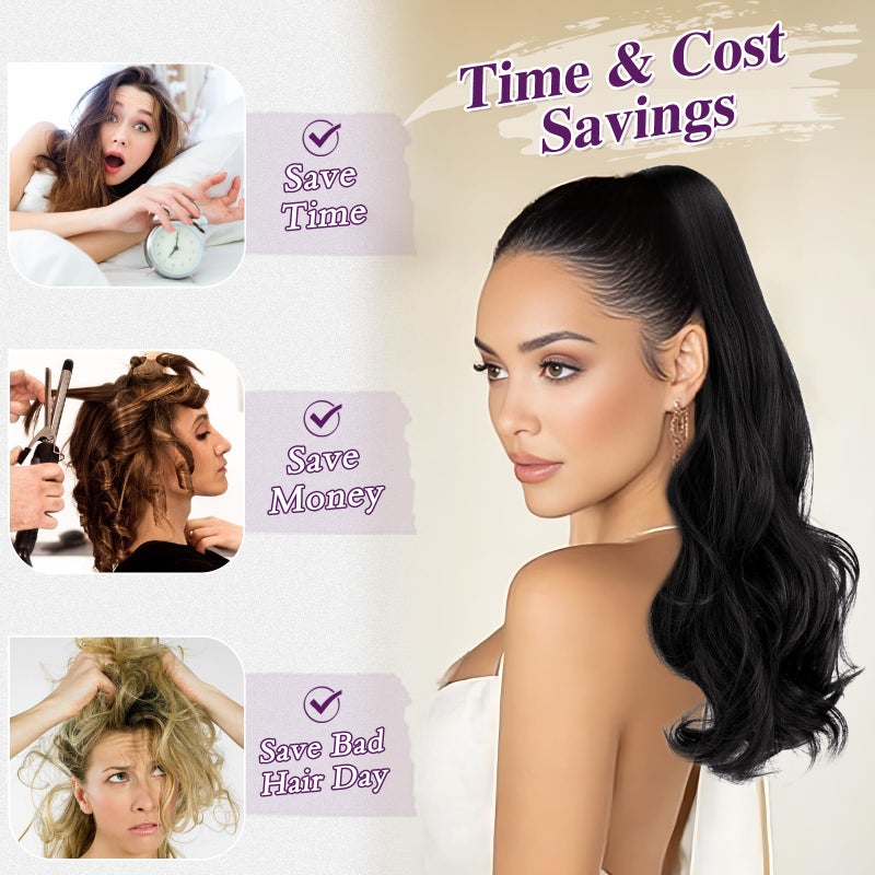 BARSDAR Black Wavy Drawstring Ponytail Extensions â€“ 20 Inch Drawstring Comb Clip in Ponytail Hair Extensions for Women, Synthetic Natural Looking Curly Wavy Black Pony Tails Hairpieces - Image 4