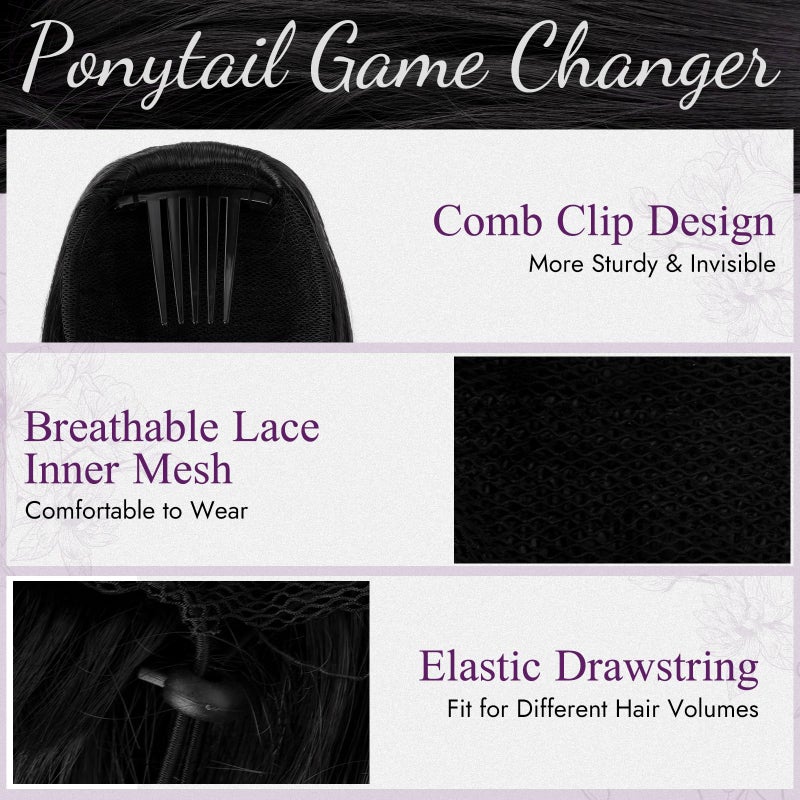 BARSDAR Black Wavy Drawstring Ponytail Extensions â€“ 20 Inch Drawstring Comb Clip in Ponytail Hair Extensions for Women, Synthetic Natural Looking Curly Wavy Black Pony Tails Hairpieces - Image 3