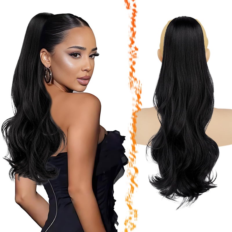 BARSDAR Black Wavy Drawstring Ponytail Extensions â€“ 20 Inch Drawstring Comb Clip in Ponytail Hair Extensions for Women, Synthetic Natural Looking Curly Wavy Black Pony Tails Hairpieces - Image 1