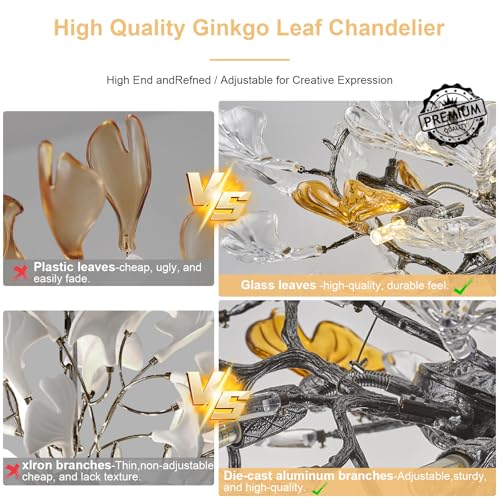 AioTio Black Modern Chandeliers for Dining Room, D31.5''Tree Branch Round Glass Ginkgo Leaf Farmhouse Chandelier,Large Ceiling Hanging Vintage Chandelier for Living Room,Entryway,Kitchen Island,Foyer - Image 3