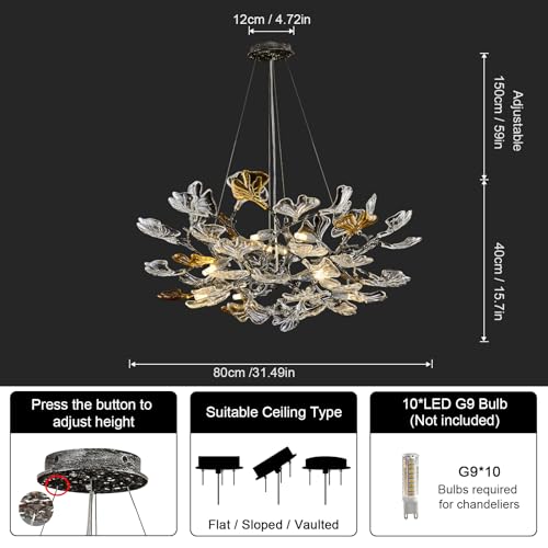 AioTio Black Modern Chandeliers for Dining Room, D31.5''Tree Branch Round Glass Ginkgo Leaf Farmhouse Chandelier,Large Ceiling Hanging Vintage Chandelier for Living Room,Entryway,Kitchen Island,Foyer - Image 2