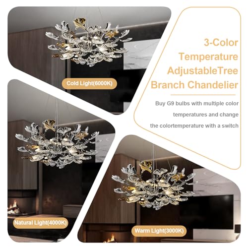 AioTio Black Modern Chandeliers for Dining Room, D31.5''Tree Branch Round Glass Ginkgo Leaf Farmhouse Chandelier,Large Ceiling Hanging Vintage Chandelier for Living Room,Entryway,Kitchen Island,Foyer - Image 5