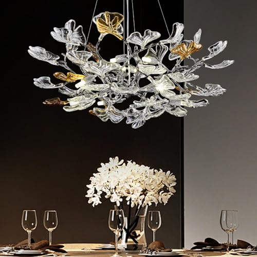 AioTio Black Modern Chandeliers for Dining Room, D31.5''Tree Branch Round Glass Ginkgo Leaf Farmhouse Chandelier,Large Ceiling Hanging Vintage Chandelier for Living Room,Entryway,Kitchen Island,Foyer - Image 1
