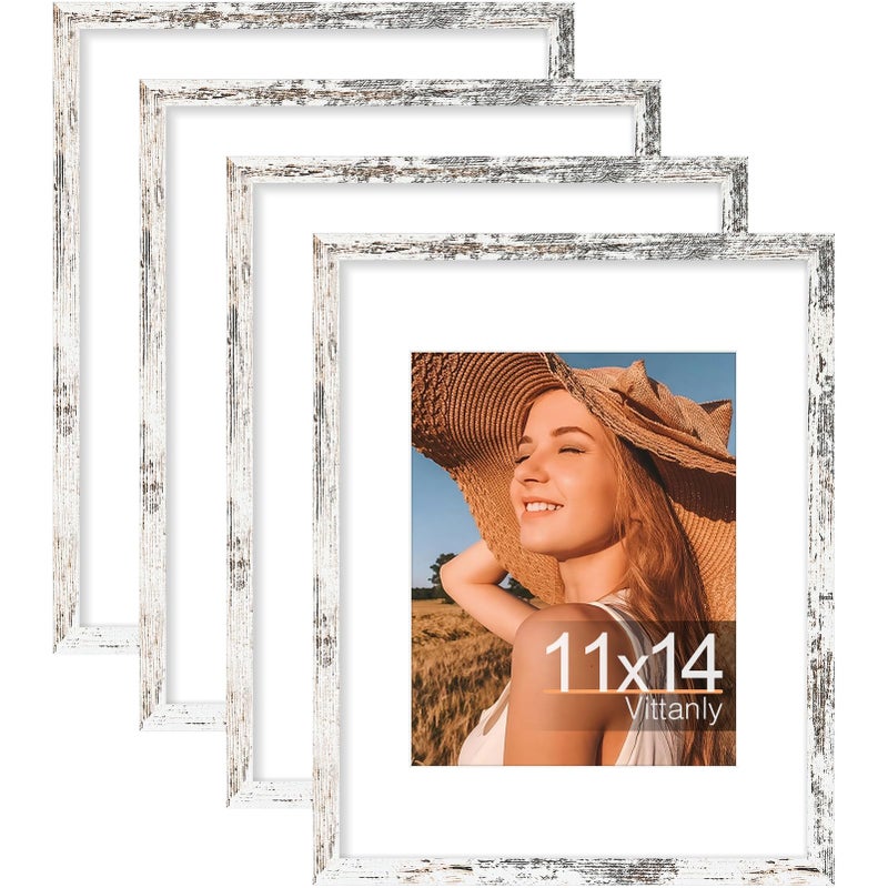 إطار صور فيتانلي 11x14 مجموعة من 4 عرض صور 8x10 مع مات أو 11x14 بدون مات خشب هندسي مع زجاج أكريليك عالي الدقة إطارات صور للمعرض للجدران أو العرض على الطاولة باللون الأبيض المتشقق