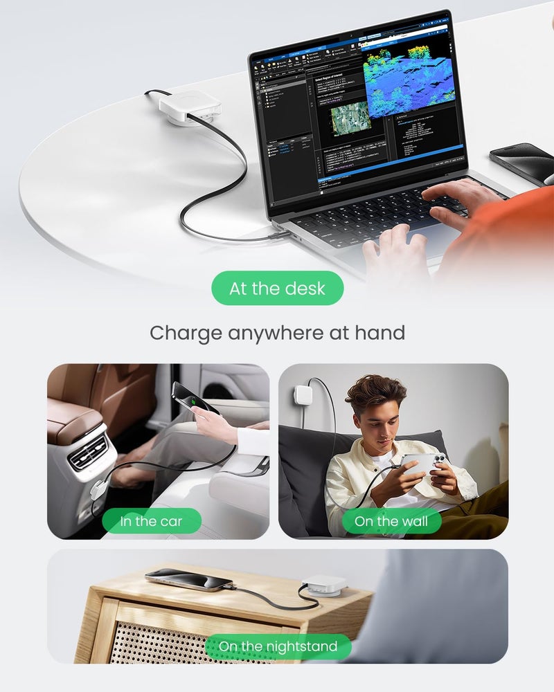 كابل USB C قابل للسحب من Fasgear، شاحن USB C إلى USB C 2.0 سريع الشحن بقدرة 60 واط PD/PPS، مناسب لـ i-Phone 17 16/i-Pad/Galaxy S24 S23/Google Pixel، كابل Type C دوار 360 درجة للمكتب (أبيض) - Image 4