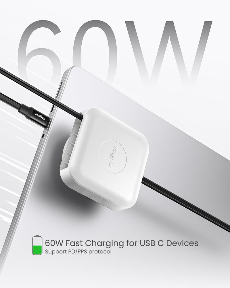 كابل USB C قابل للسحب من Fasgear، شاحن USB C إلى USB C 2.0 سريع الشحن بقدرة 60 واط PD/PPS، مناسب لـ i-Phone 17 16/i-Pad/Galaxy S24 S23/Google Pixel، كابل Type C دوار 360 درجة للمكتب (أبيض) - Image 5
