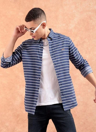 شركة المرآب الهندية Men Slim Fit Multi Striped Full Sleeves Cutaway Collar Casual Shirt