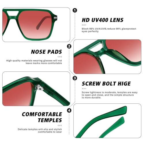 Fozono Retro Aviator Sunglasses for Women Men Trendy Classic Square 70s 80s 90s Vintage Shades Double Bridge Aviators FZN813 Brown Clear Green/Gradient Red - Image 5