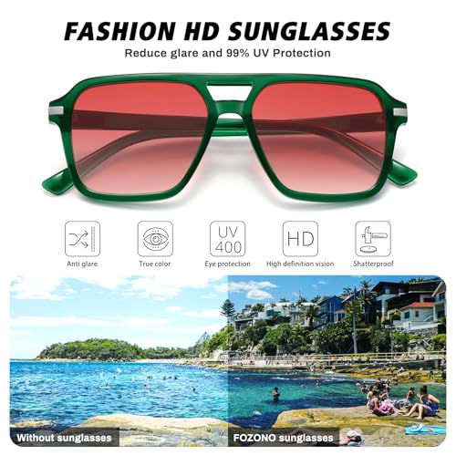 Fozono Retro Aviator Sunglasses for Women Men Trendy Classic Square 70s 80s 90s Vintage Shades Double Bridge Aviators FZN813 Brown Clear Green/Gradient Red - Image 3