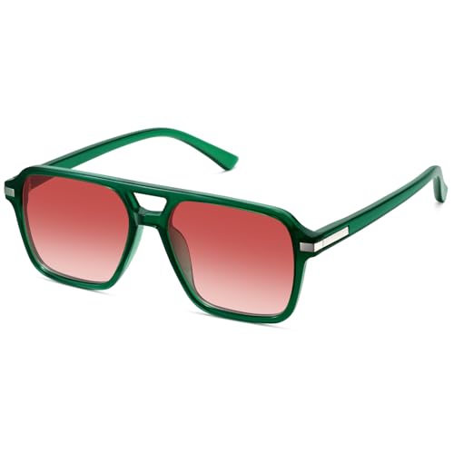 Fozono Retro Aviator Sunglasses for Women Men Trendy Classic Square 70s 80s 90s Vintage Shades Double Bridge Aviators FZN813 Brown Clear Green/Gradient Red - Image 1