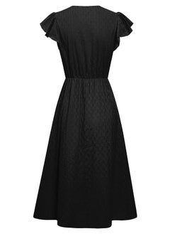 Take Two Casual Black Solid Ruffle Sleeve V Neck Midi Dress  - Image 2