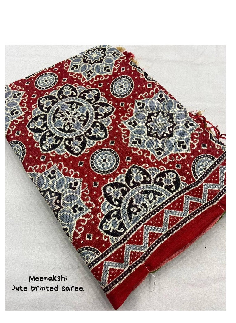 Grab Mantra - Jute Silk Green Printed Saree With Red Border Plus Unstitched Blouse - Image 1