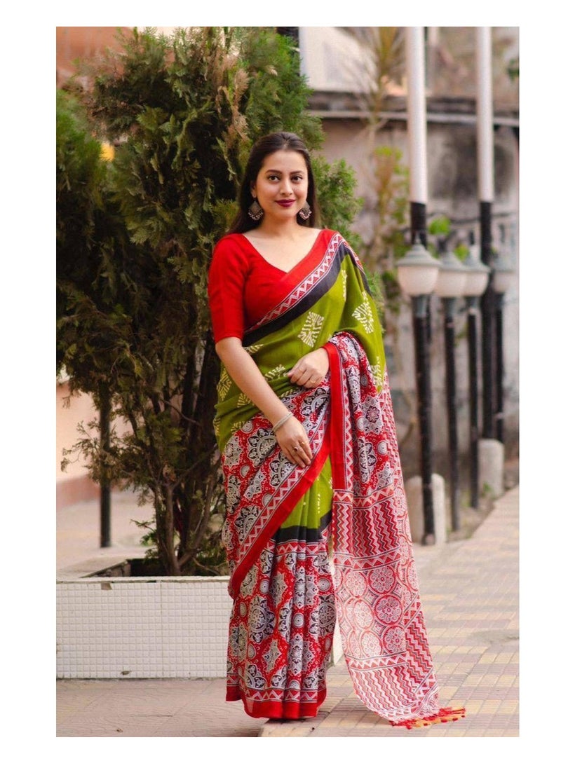 Grab Mantra - Jute Silk Green Printed Saree With Red Border Plus Unstitched Blouse - Image 1