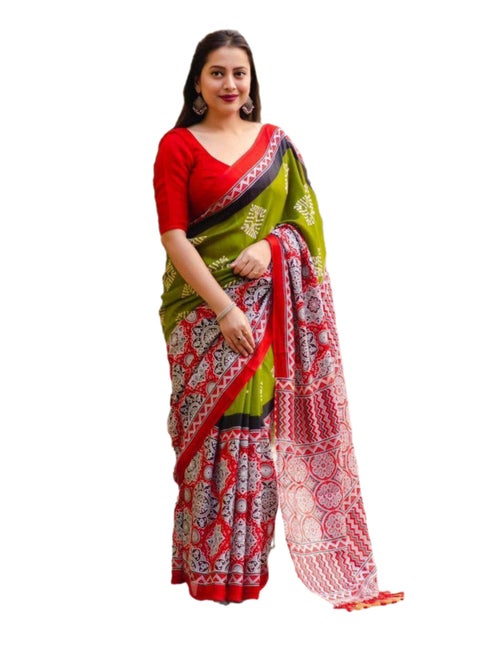 Jute Silk Green Printed Saree With Red Border Plus Unstitched Blouse