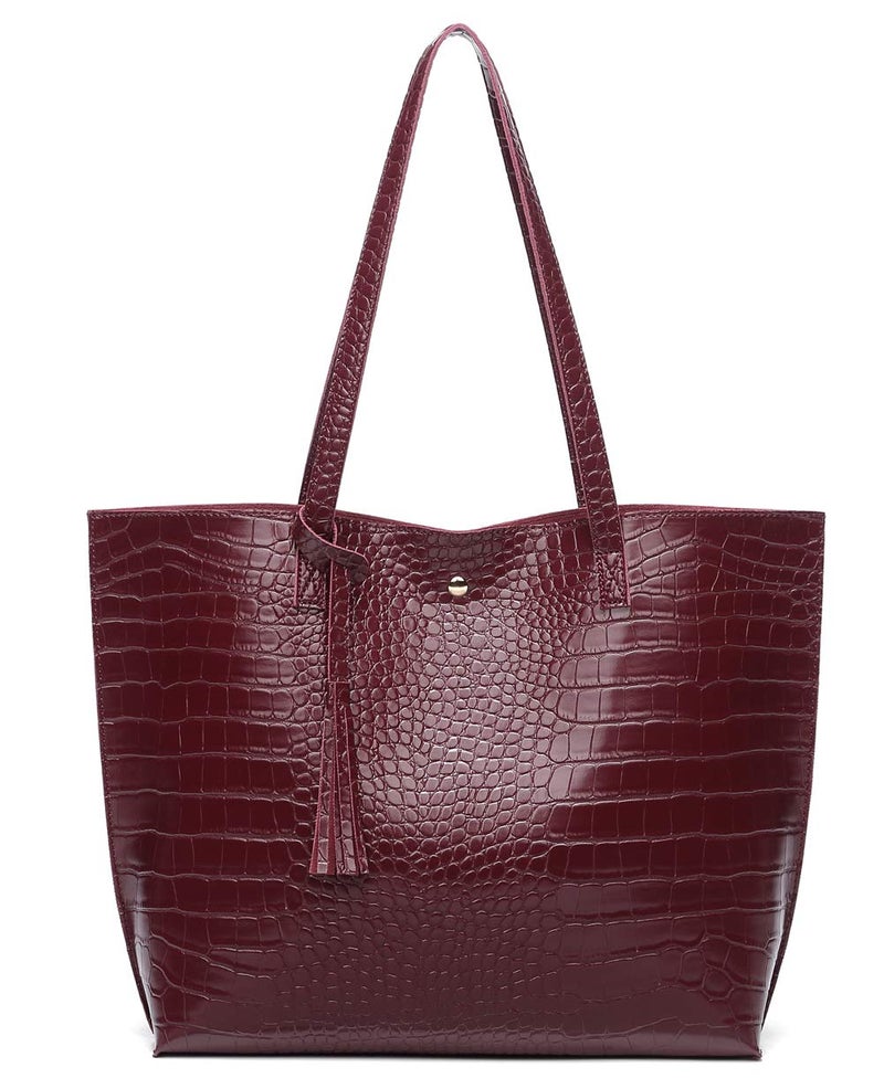 Dreubea Women's Soft Faux Leather Tote Shoulder Bag from, Big Capacity Tassel Handbag Wine Red-cro - Image 1