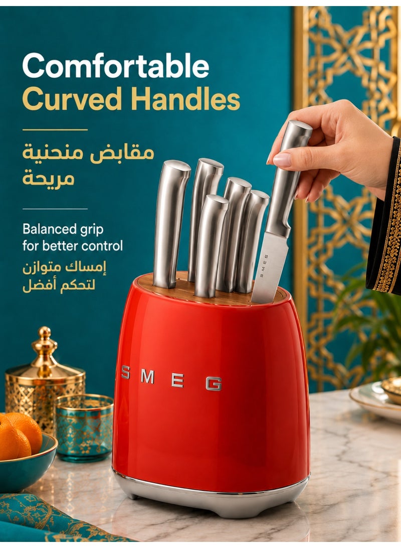 سميج طقم 6 سكاكين مطبخ من الستانلس ستيل مع حامل من خشب الأكاسيا، سكين شيف وسانتوكو وخبز ولحم ومتعددة الاستخدام وخضروات، مقابض معدنية مريحة، أحمر - Image 4
